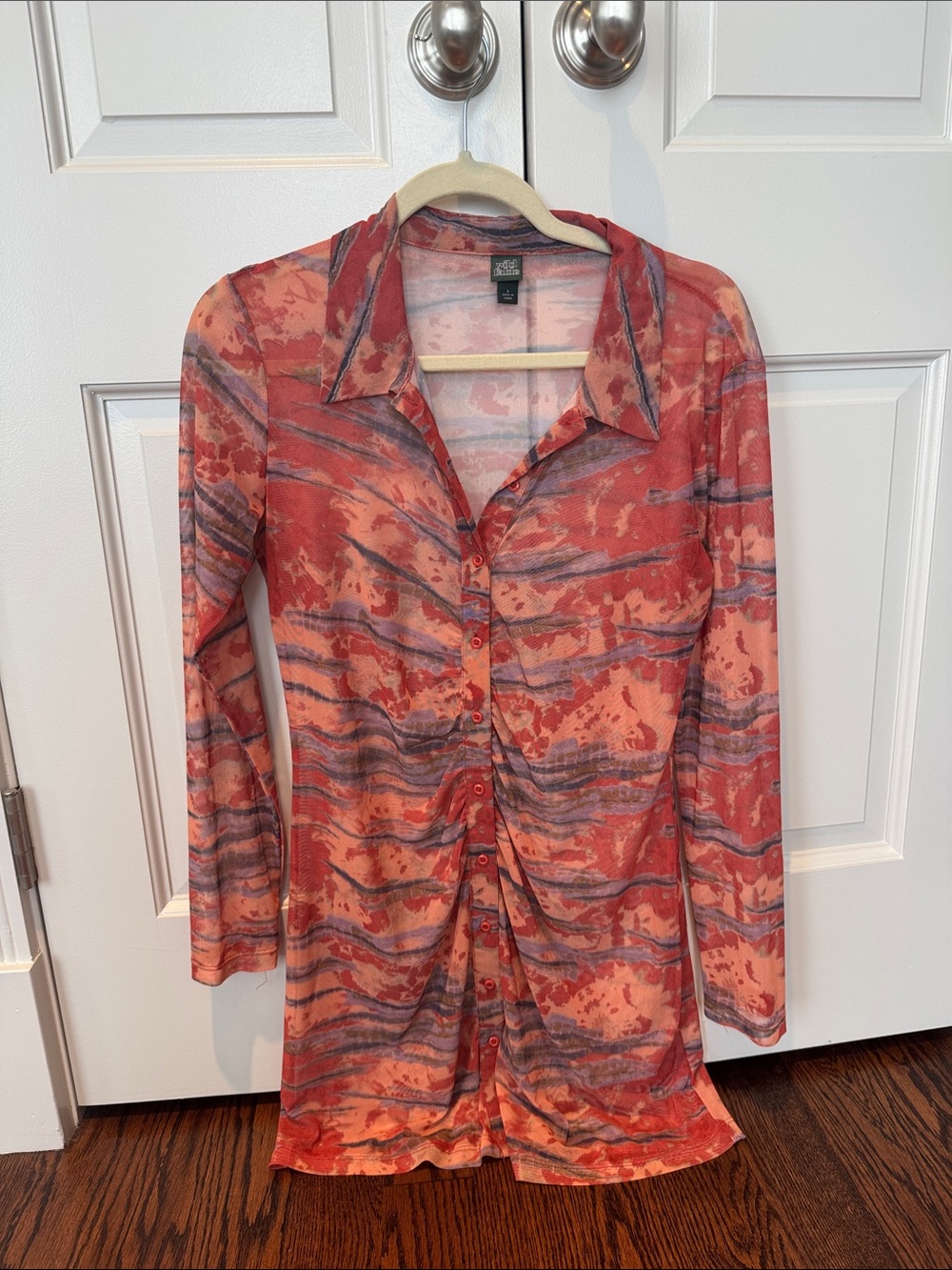 Wild Fable Women's Red Patterned Long-Sleeve Button-Up Dress